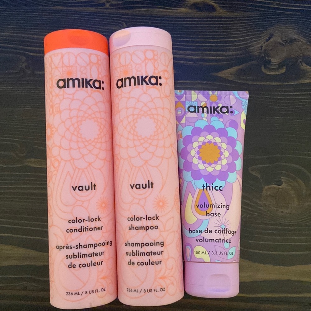 Amika shampoo & conditioner with thicc volumizing base.